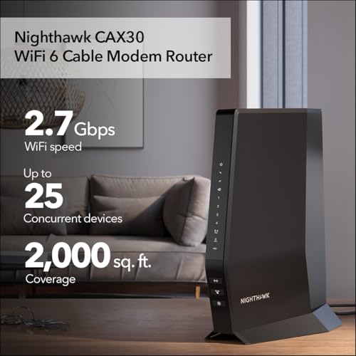 NETGEAR Nighthawk Modem Router Combo (CAX30) DOCSIS 3.1 Cable Modem and WiFi 6 Router - AX2700 2.7 Gbps - Compatible with Xfinity, Spectrum, Cox, and More - Gigabit Wireless Internet