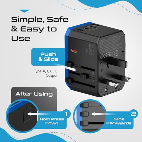 Ceptics 70W GAN Universal Travel Adapter, 2 USB-A, 3 USB-C, Universal Input
