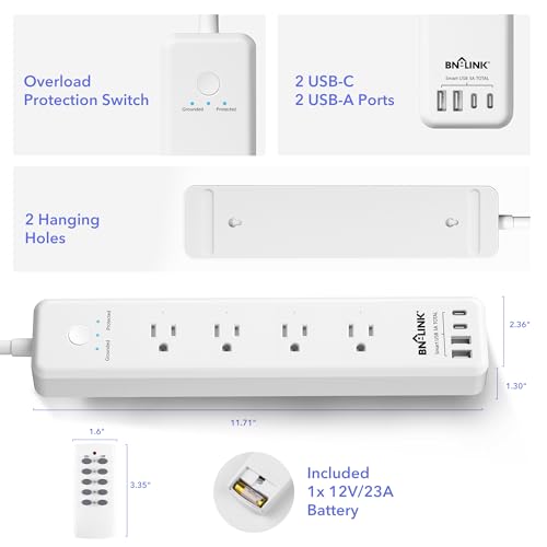 BN-LINK Remote Control Power Strip with 4 Independent Outlets, 4 USBs