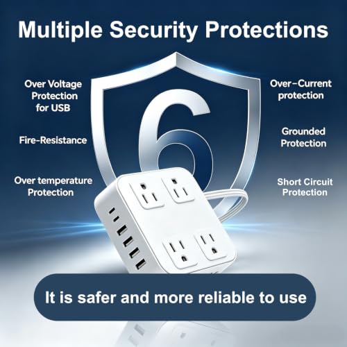 Power Strip with Surge Protector, 3 Side, 8 AC 6 USB Ports Flat Plug Switch