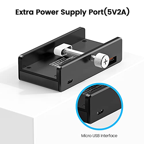 ORICO USB 3.0 Hub, USB Hub Clamp, Aluminum 4-Port USB Splitter with Extra Power Supply Port and 4.92 FT USB Data Cable, Desktop Powered USB Hub for Monitors/Desks-Black (Without Power Adapter)