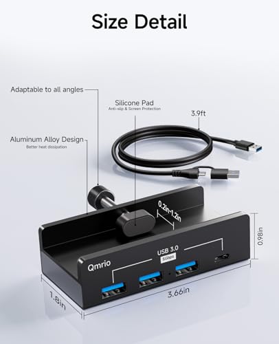 USB Hub 3.0, 5Gbps Clamp USB Hub for Desk/Monitors with Extra Power Supply Port, 3 USB-A Data Ports, USB-C Data Port for iMac Pro/iMac (Black)