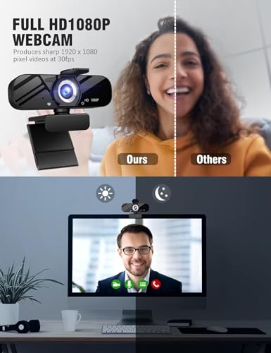 Tewiky Full HD Webcam with Built-in Microphone and Rotatable Tripod, 1080P Video and Wide Angle Camera, Privacy Cover, for Desktop PC or Laptop Computer - Image 3