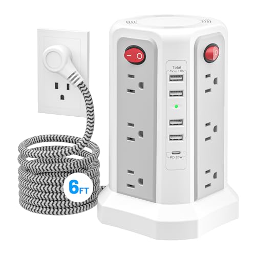 Power Strip Tower Surge Protector with PD20W USB C, 6FT Desktop Extension Cord Charging Station with 12 AC Multiple Outlets 5 USB Ports, Charger Tower Multiple Protections for Home Office Supplies