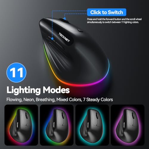 TECKNET RGB Bluetooth Ergonomic Mouse Rechargeable Wireless Multi-Device