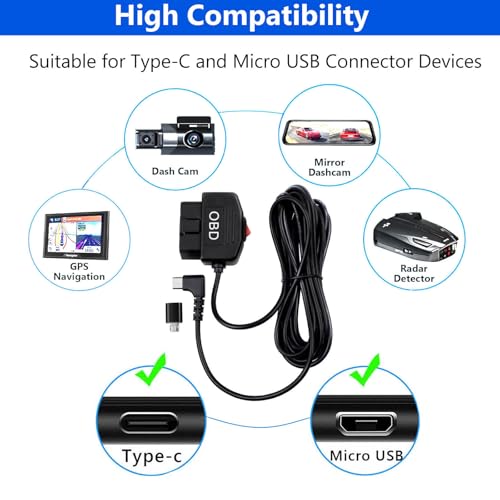 Dash Cam OBD Hardwire Kit Dash Camera USB Type C Hardwire Kit with OBD Power Cable for 12-24V to 5V/3A with Low Voltage Protection 24h Parking Surveillance/Acc Mode for Dashcam, GPS or Radar