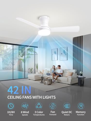 LANMEL 42 Inch White Low Profile Ceiling Fan with Light and Remote