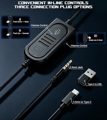 Wired One Ear Headset with Mic for PS5/PS4/Xbox/Switch/Mac/Laptop/PC, USB+Type-C+3.5mm Jack 3in 1 Single Ear Headphone with Microphone/Volume Control for Gaming Office Business Work Team Meetings Chat