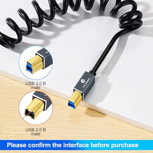 Coiled USB B to USB C Cable, 5Gbps USB C to USB B Printer Scanner Retractable Cable for MacBook, PC, Laptop, MIDI Keyboard, DJ Controller(Extend up from 0.75FT to 3.3FT)