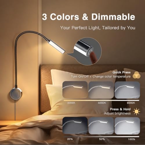 VST 2 Pack Black Wall Mounted Reading Light for Bed,Dorm, Flexible Gooseneck Bedside Headboard Book Light, 36W Driver,ETL-Listed, Touch Dimmable 3 Color Temp (3000K/4000K/6000K), USB & Type-C Ports