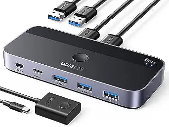 UGREEN USB 3.0 Switch 2 Computers Sharing USB C & A Devices, 4 Port USB Switcher Sharing Keyboard and Mouse, Printer/Scanner USB Switch Hub for Two Computers with 2 USB3.0 Cables and Controller - Image 1