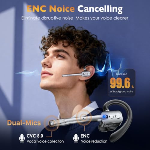 Bluetooth Headset, Wireless Headset with Dual-Mics & Noise Cancelling, Bluetooth Earpiece with Mute for Office Business Work Trucker, V5.3 Hands-Free Headset with QCC Chip for Phone PC iOS Android