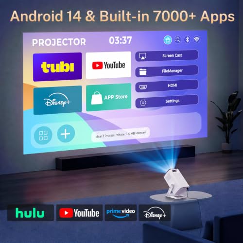 Built-in Apps 1080P 4K Support Mini Projector with Android 14, Phone Remote
