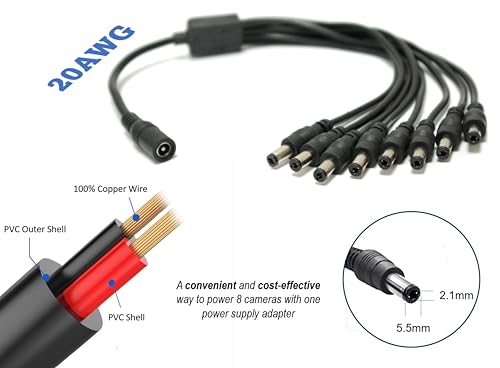 SOLTECH 12V 5A CCTV Adapter, Wisenet Compatible Security Camera Power Supply with 8-Way Splitter, AC DC Converter 100-240V to 12V 5A 60W Transformer, with Samsung Wisenet, Night Owl, Q-See, Black