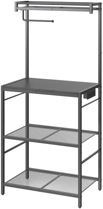 Bakers Rack with Power Outlet, Microwave Stand with Paper Holder, Bakers Rack with Storage, Coffee Bar Station with 6 Hooks, for Kitchen, Dining Room, Black BRBK36E01