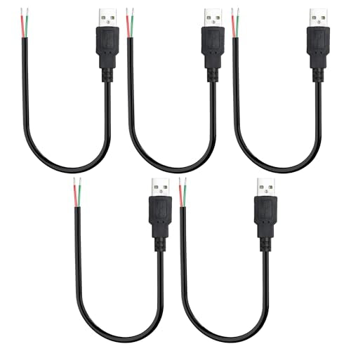 USB 2.0 to Bare Wire Cable,USB Type A Male Plug to 2 Pin Open End Bare Wire Pigtail Power Cord,24AWG 5V 2.5A 2 Cores Power Extension Cable for LED Strips, DIY Projects Electronics Repair-0.3M (5 PCS)