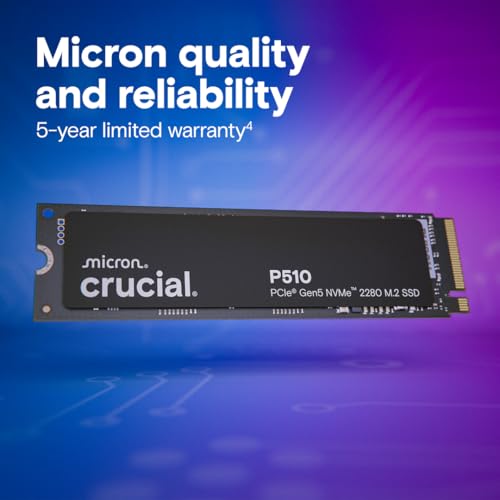 Crucial P510 PCIe Gen5 NVMe 2TB SSD, Up to 10,000MB/s, TLC NAND, Laptop & Desktop (PC) Compatible, for Gamers & Creatives, Solid State Drive – CT2000P510SSD8-01
