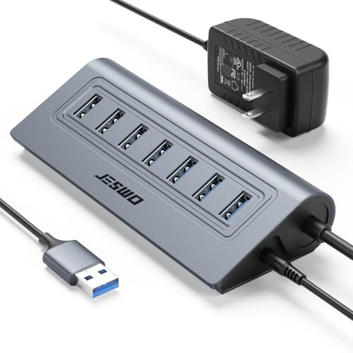 Powered USB Hub, JESWO 7-Port USB 3.0 Hub, Aluminum USB Data Hub with 3.3ft Cable, USB Hub 3.0 Powered with 5V/4A Power Adapter for MacBook, Notebook PC, USB-Flash Drives, Mobile HDD and More (Grey)