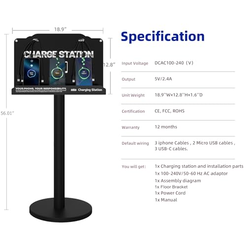Floor Standing Cell Phone Charging Station with Fast Charigng Cables – 8 Device Charging Dock for Office, Hotel & Public Spaces | Compatible with iPhone ipad Smartphone Tablets Android Port (Black)