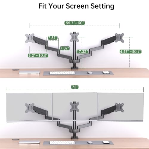 Gas Spring Triple Monitor Desk Mount for Screens up to 27 inch