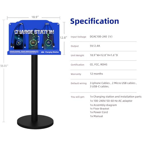 Floor Standing Cell Phone Charging Station with Fast Charigng Cables – 8 Device Charging Dock for Office, Hotel & Public Spaces | Compatible with iPhone ipad Smartphone Tablets Android Port (Blue)