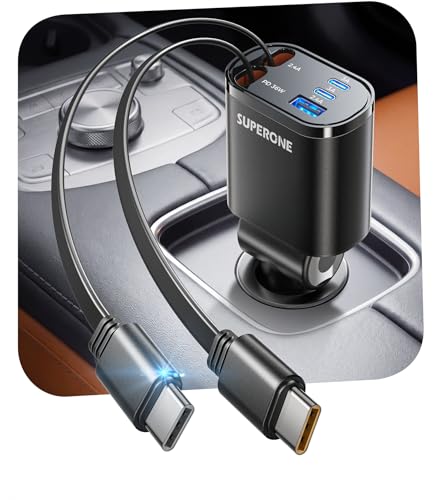 SUPERONE 90W Retractable Car Charger, Dual USB-C Cables Fast Charger Black