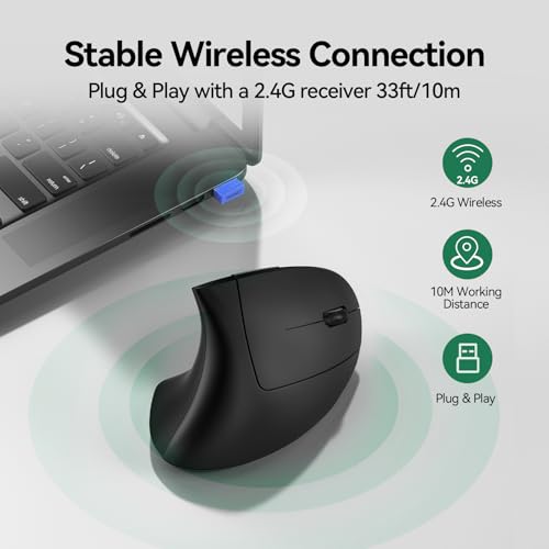 TECKNET Wireless Ergonomic Mouse, Vertical Computer Mouse for Wrist Comfort, Rechargeable Optical Mouse with Adjustable DPI（4800）, Silent Click, 6 Buttons, USB Receiver for Laptop, Desktop, PC, Mac