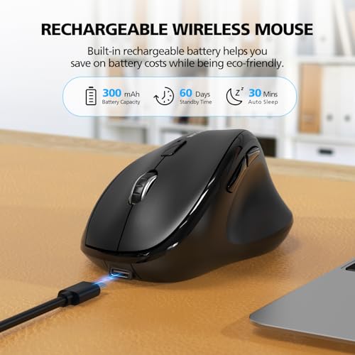 Bluetooth Wireless Mouse Ergonomic Vertical for Laptop Computer Macbook iPad Tablet Rechargeable Silent Click USB Carpal Tunnel Right Hand Compatible with Windows iOS Mac OS Android Black - Image 5