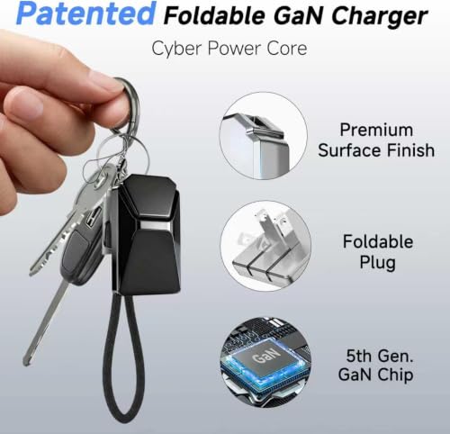 USB C Charger for iPhone 16/15 Charger Fast Charging, GaN Keychain Design Fast Wall Charger Block with 2 Pack USB C to C & C to Lightning Cable, Foldable and Compact for iPhone 17/16/15, iPad(Black)