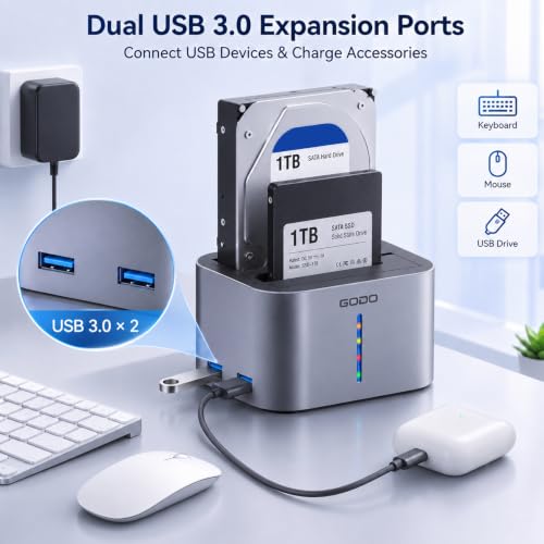 GODO 2.5/3.5" SATA Dual-Bay HDD Dock, USB 3.0 Hub, Clone, 20TBx2 Aluminum