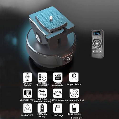 Motorized Pan Tilt Head, 100m Control, 360 Degree Rotation, Tilt ±35 Degree, 9 Gears Adjustable Speed, Panoramic Tripod Head for Smartphones, Camera