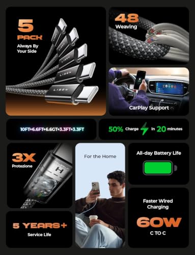 LISEN USB C to USB C Cable, 5-Pack [3.3/3.3/6.6/6.6/ | Charging & Powe - Image 3