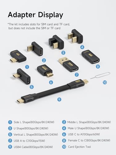 Hagibis USB-C Adapter Kit, Multifunction 80Gbps 240W 8K@60Hz USB4 V2.0 Type-C Right Angle Adapter 90 Degree Convertor Set Magnetic Storage Case with USB4 Cable and SIM Card Eject Pin