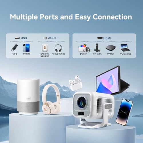 【Built in Streaming Apps & Native 1080P 】Mini Projector with Wifi and Bluetooth, Auto Focus & Keystone, 180° Rotation, Supports Phone/HDMI/USB, Portable 4K Support Projector for Bedroom Outdoor White