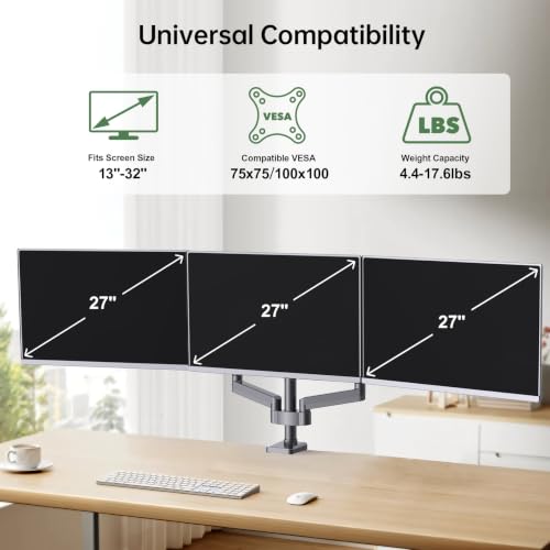 Gas Spring Triple Monitor Desk Mount for Screens up to 27 inch