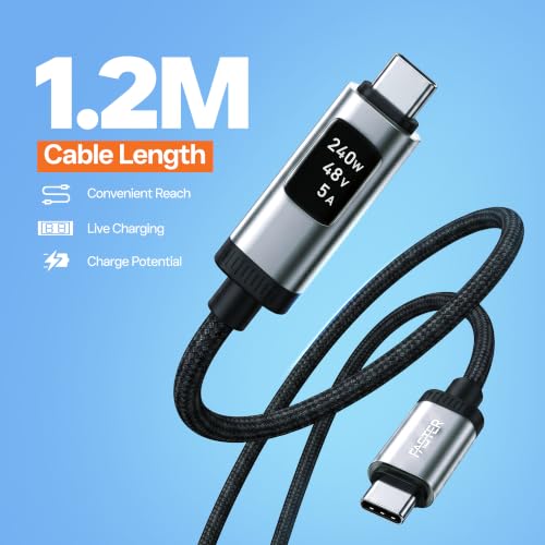 FASTER D8 USB-C to USB-C Cable, 240W, OLED Power Display, 3.9ft