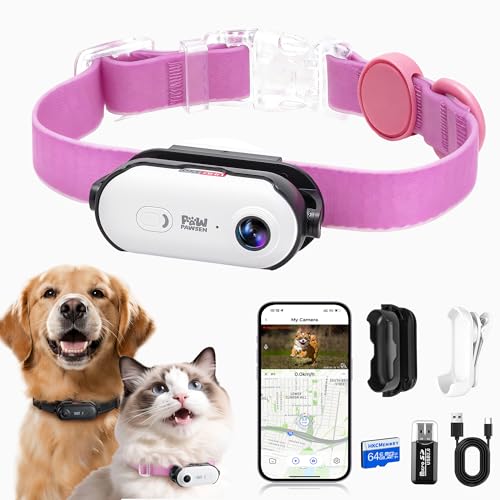 4K UHD Dog& Cat Pet Camera Collar, Video Recorder with Phone App View, Outdoor & Indoor POV Action Cam for Small and Medium-Size Dogs(White - Pink Waterproof Collar - M, 64g)