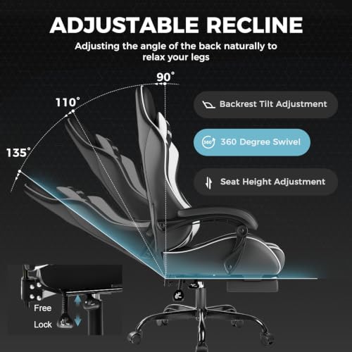 GTPLAYER Gaming Chair, Computer Chair with Footrest and Lumbar Support, Height Adjustable Game Chair with 360°-Swivel Seat and Headrest and for Office or Gaming (Pearl White) - Image 7