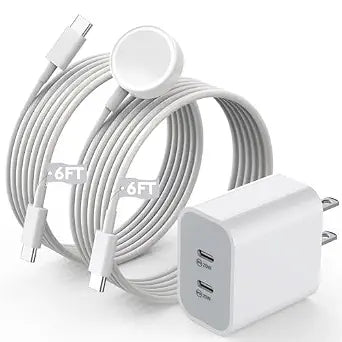 Super Fast Charger for Apple Watch & iPhone, 40W Dual USB C Port Fast Charger Adapter with 6FT Long Apple iWatch Cable and USB C to C Cord Compatible with Apple Watch Series 10/9/8/7/SE/6/5, iPhone 17