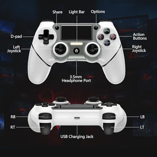 Wireless Controller Compatible with PS4/Pro/Slim, Black ps4 controller with Dual Vibration, 1000mAh Battery, 6-Axis Motion Sensor, Built-in Speaker & 3.5mm Headphone Jack, Charging Cable (White)