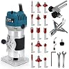 110V Router Tool, 800W Wood Trim Router, 30000RPM Electric Hand Trimmer, Palm Router with 15x 1/4” Router Bits & 2x Trim Guides for Woodworking Tools, Adjustable Base Height w/Scale