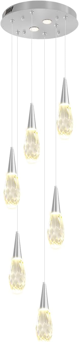 Modern Crystal Chandelier 6-Lights Pendant Chandeliers for Staircase Chrome Kitchen Pendant Light Fixture Hanging Lighting for Dining Room Living Room Bedroom Entryway
