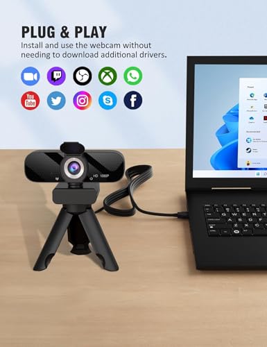 Tewiky Full HD Webcam with Built-in Microphone and Rotatable Tripod, 1080P Video and Wide Angle Camera, Privacy Cover, for Desktop PC or Laptop Computer - Image 6