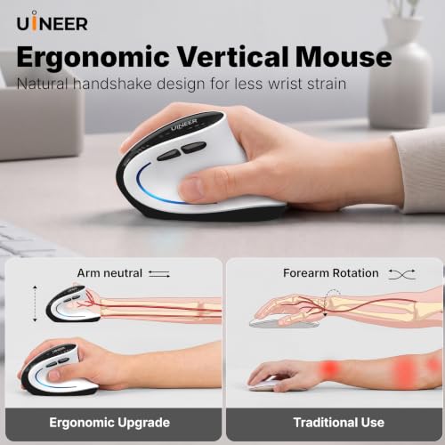 Uineer Ergonomic Wireless Vertical Mouse, 3-Mode Bluetooth 5.0/4.0 & 2.4GHz