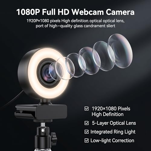 1080P HD Mini Webcam with 3-Color Fill Light, Wide Angle Lens, Noise Canceling Microphone and Tripod, USB C Adapter Included for Laptop Desktop Zoom Skype Streaming Gaming - Image 3