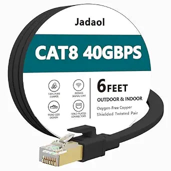 Jadaol Cat8 Ethernet Cable 6ft 40Gbps 2000MHz Flat S/FTP LAN Cable Black