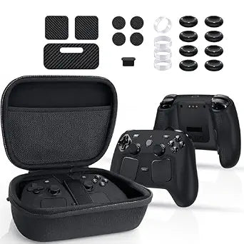 6-in-1 Carrying Case Kit for Steam Controller 2 (2026), with 1 Silicone Protective Cover, 7 Protective Stickers, 1 Charging Port Dust Plug, 8 Thumb Grip Caps, and 4 Rocker Guard Rings.