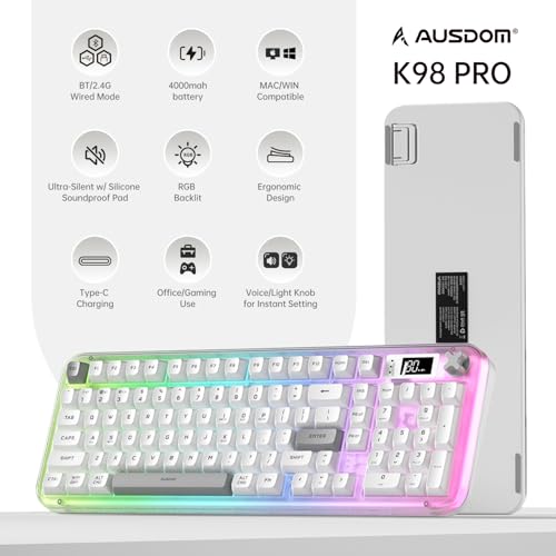 AUSDOM K98pro Wireless Silent Creamy Keyboard, Tri-Mode BT/2.4G/USB-C Computer Keyboard with Number Pad, RGB Backlit Media Knob Keyboard, White - Image 3