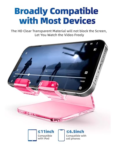 2 Pack Acrylic Phone Stand, Phone Holder for Office Desk, Vanity, Kitchen Counter, Bedside Table, Compatible with iPhone 17 16 15 14 13 12 11 Pro Max Plus/Smartphones/iPad/Switch - Clear & Pink - Image 4
