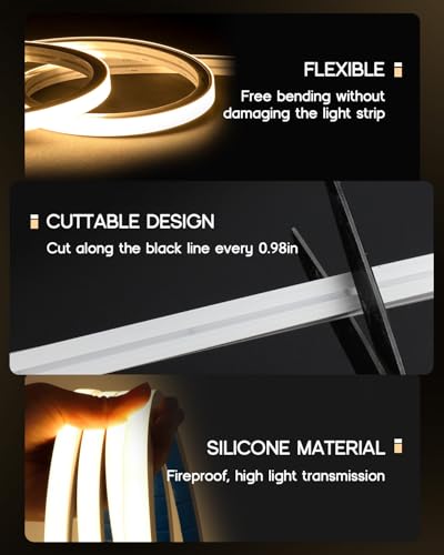 LED Strip Lights Warm White 3000K,9.8ft 12V Neon Rope Lights,Flexible Silicone Outdoor Waterproof Neon Strip Lights for Mirror,Kitchen,Cabinet,DIY Lighting(Power Supply Not Included)